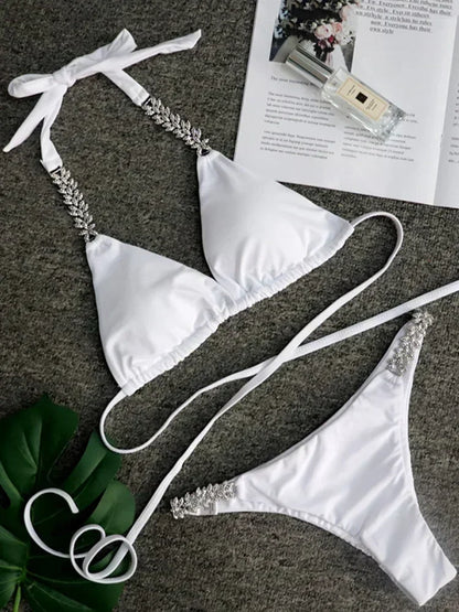 Halter Crystal Rhinestone Diamond Bikini 2025 Female Swimsuit Women Swimwear Two Pieces Bikini set Brazilian Bathing Suit Swim
