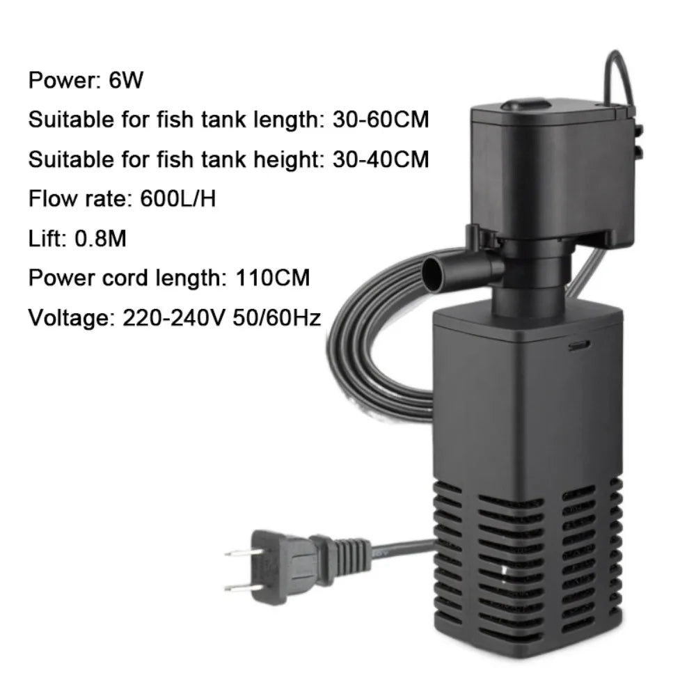 Plastic 3 in 1 Fish Tank Filter 4/6/12/20/30W Filtration Fish Tank Built-in Filter Increase Air Oxygen with Inner Sponge