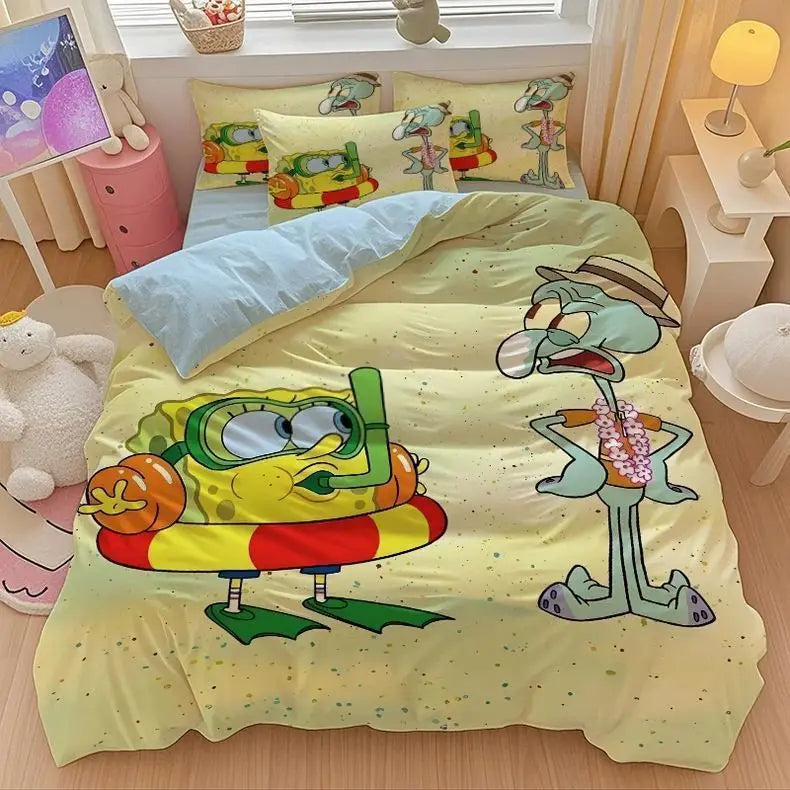 New Anime SpongeBobs Bedding Set Duvet Cover Bed Set Quilt Cover Pillowcase Comforter king Queen Size Boys Adult Bedding Set
