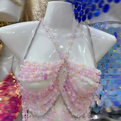 2025 New Women's Necklace Beaded Vest Hollow Out Top Jewelry Exaggerated Pearls Neck Bra Fashion Bra Women's Club Carnival
