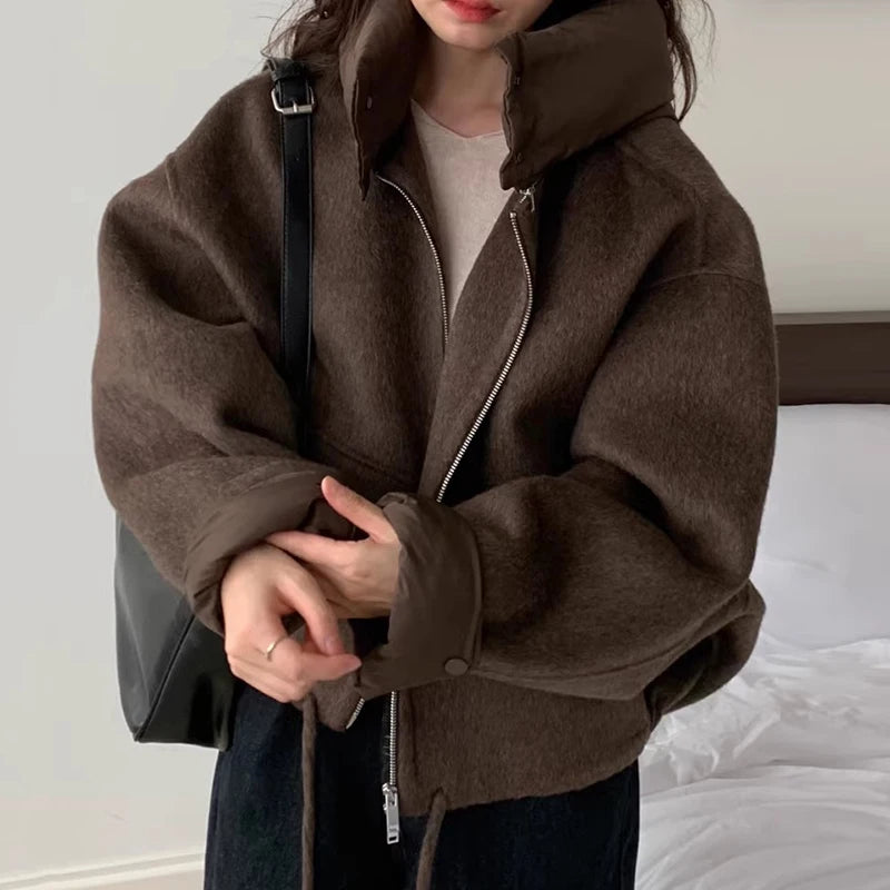 OCEANLOVE Hooded Autumn Winter Woolen Jackets for Woman Solid Warm Chaquetas Korean Fashion Chic Vintage Loose Outwears