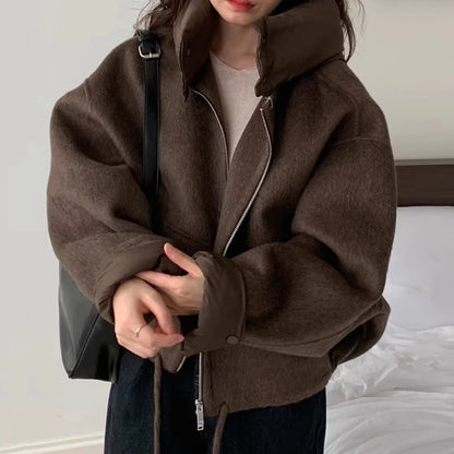OCEANLOVE Hooded Autumn Winter Woolen Jackets for Woman Solid Warm Chaquetas Korean Fashion Chic Vintage Loose Outwears