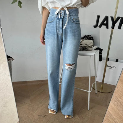 Loose Wide Leg Jeans Women's High Waist Straight Leg Long Pants Torn Design Versatile Casual Spring Faion Blue Denim