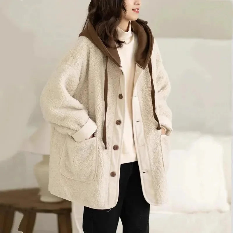 Fashion Lamb Plush Hooded Coat Women New 2024 Autumn Winter Mid-Long Thick Pocket Coats Loose Large Size Overcoat Outerwears