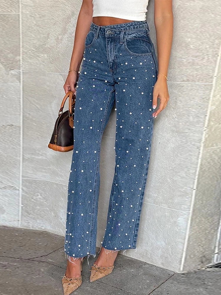 Trendy Women's High Waist Straight Leg Denim Jeans Pant With Chic Studded Beads Design Female Trendy Casual Streetwear Trousers