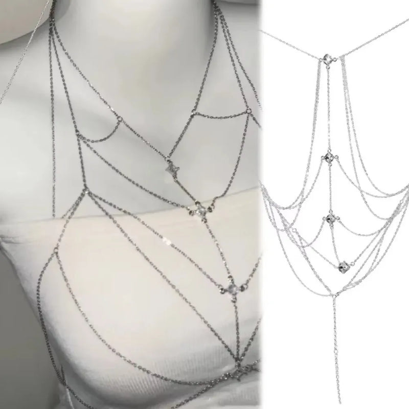 Body Jewelry Glitter Rhinestone Bust Chain Sexy Multilayer Silver Body Chain Trend Luxury Body Chain Jewelry Beach