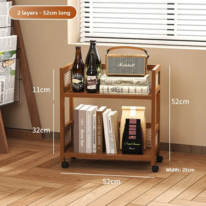 Wooden antique style coffee table, mobile coffee table, sofa side table, cart with pulley storage rack, rattan fence decoration