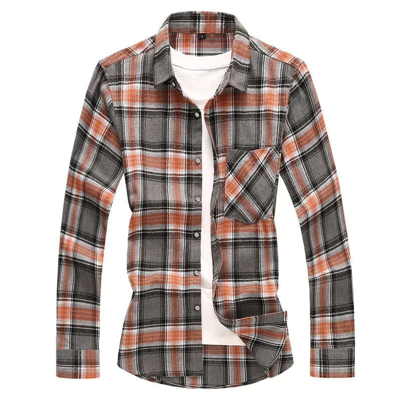 2026 New Men's Long Sleeved Plaid Shirt, with Two Chest Pockets Single Breasted Lapel Cotton Shirts Big Size Male Top Chemise