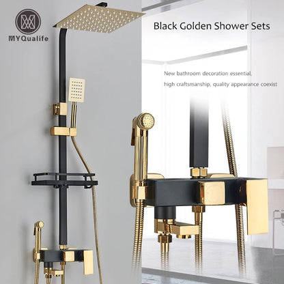 Black Golden Bathroom Shower Faucet Stainless Steel Rainfall Shower Head+Hand Shower,Rotate Bath Tub Spout Shower Kit