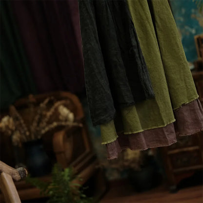 Johnature Women Vintage Patchwork Linen A-Line Skirts Elastic Waist Green 2025 Autumn Chinese Style Women High Quality Skirts