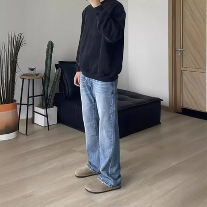 2024 American Style Vintage Light Blue Wash Distressed Jeans Men's Clean Fit Mid Waist Hip Hop Slim Fit Denim Pants