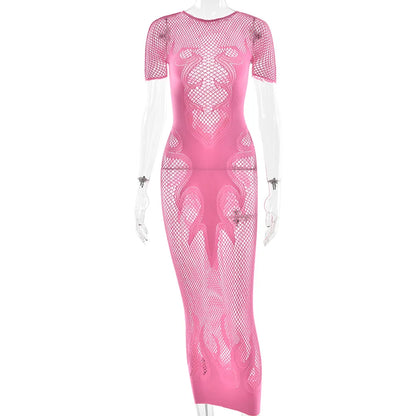 HLJ&GG Sexy Hollow Out Mesh See Though Bodycon Long Dress Women Round Neck Short Sleeve Slim Vestidos Fashion Y2K Clubwear 2025