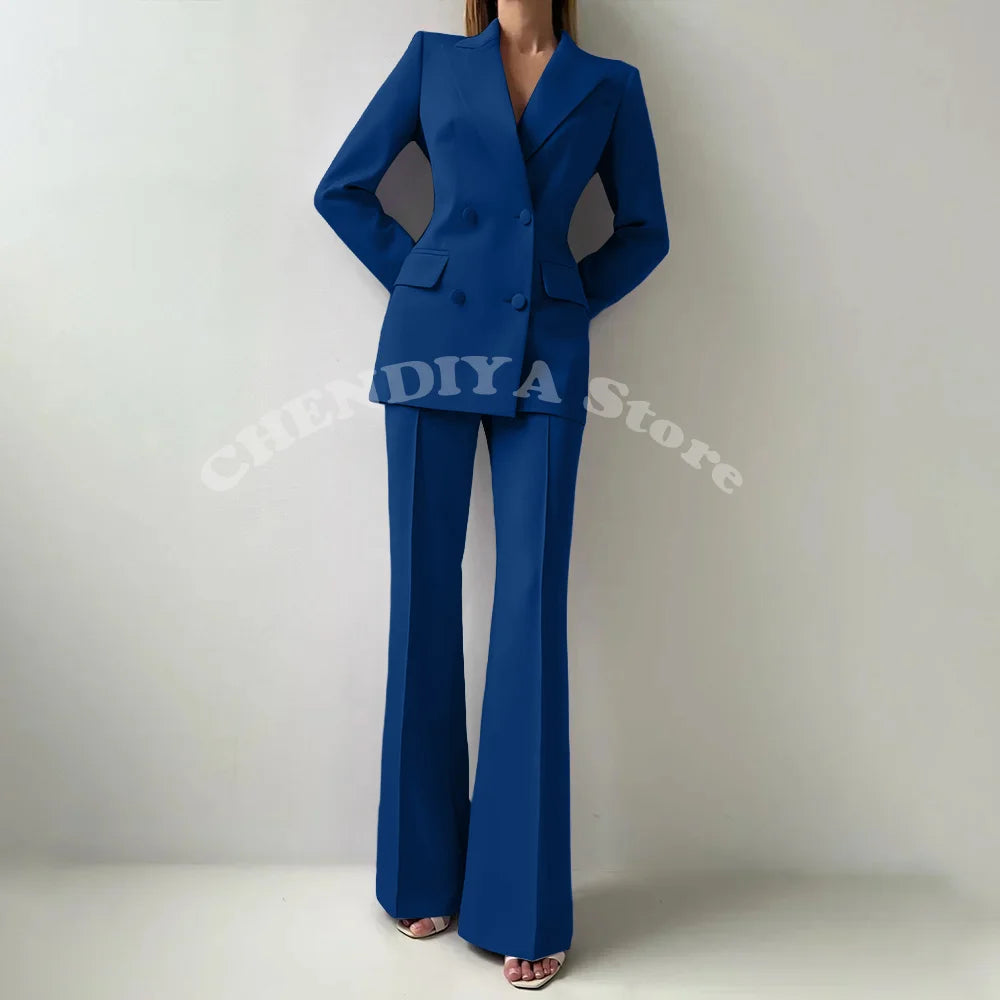 Women Suits Sets 2 Piece Elegant Peak Lapel Double Breasted Outfits Fashion Daily Casual Chic Female Suit (Jacket+Pants)