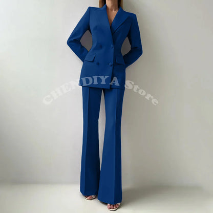Women Suits Sets 2 Piece Elegant Peak Lapel Double Breasted Outfits Fashion Daily Casual Chic Female Suit (Jacket+Pants)