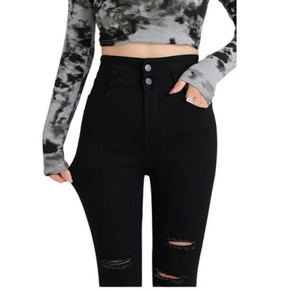 Women Button Fly Jeans Black High Waisted Ripped Jean Stretchy Thicken Denim Dress Pants Distressed Jeans Casual Style ouc046