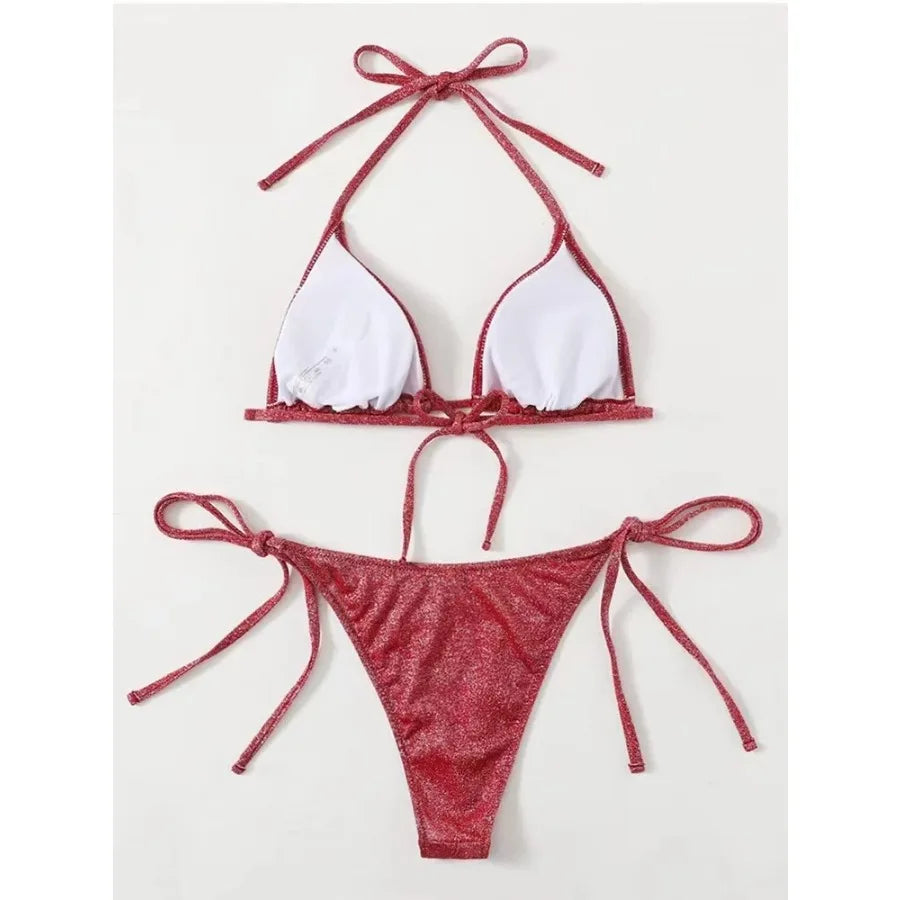 2025Sexy Bikini Set Shiny Triangle Bikinis Bandage Swimsuit Women Two Piece Swimwear Summer Biquini New Beachwear Push Up Bikini