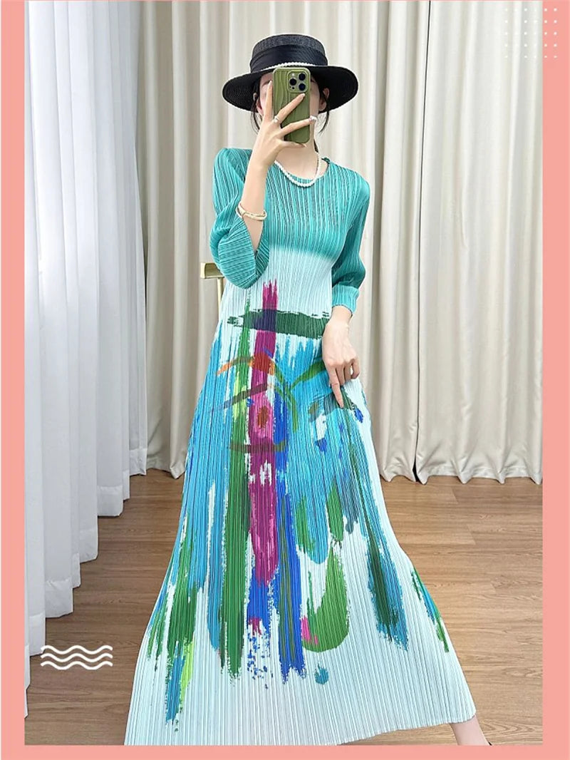 Beautiful Long Dresses Womens Dresses Miyake Summer Design Sense Round Neck Cropped Sleeve Pattern Printed Pleated Dress Female