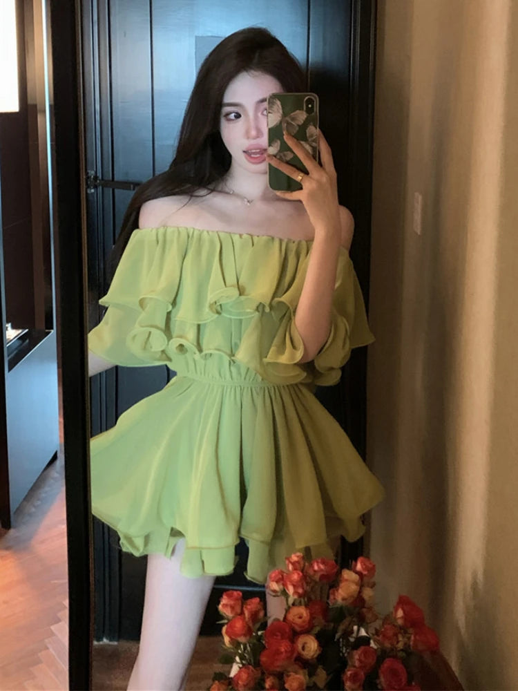 Woman Chiffon Dress Sexy Short Ruffle Dresses for Women Off Shoulder Casual Youth Chic and Elegant Pretty Fashion Summer 2025