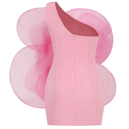 New Style Pink Sexy Oblique Shoulder Decorative Flower Mini Dress, Women's Fashion Off Shoulder Party Dress One Step Dress