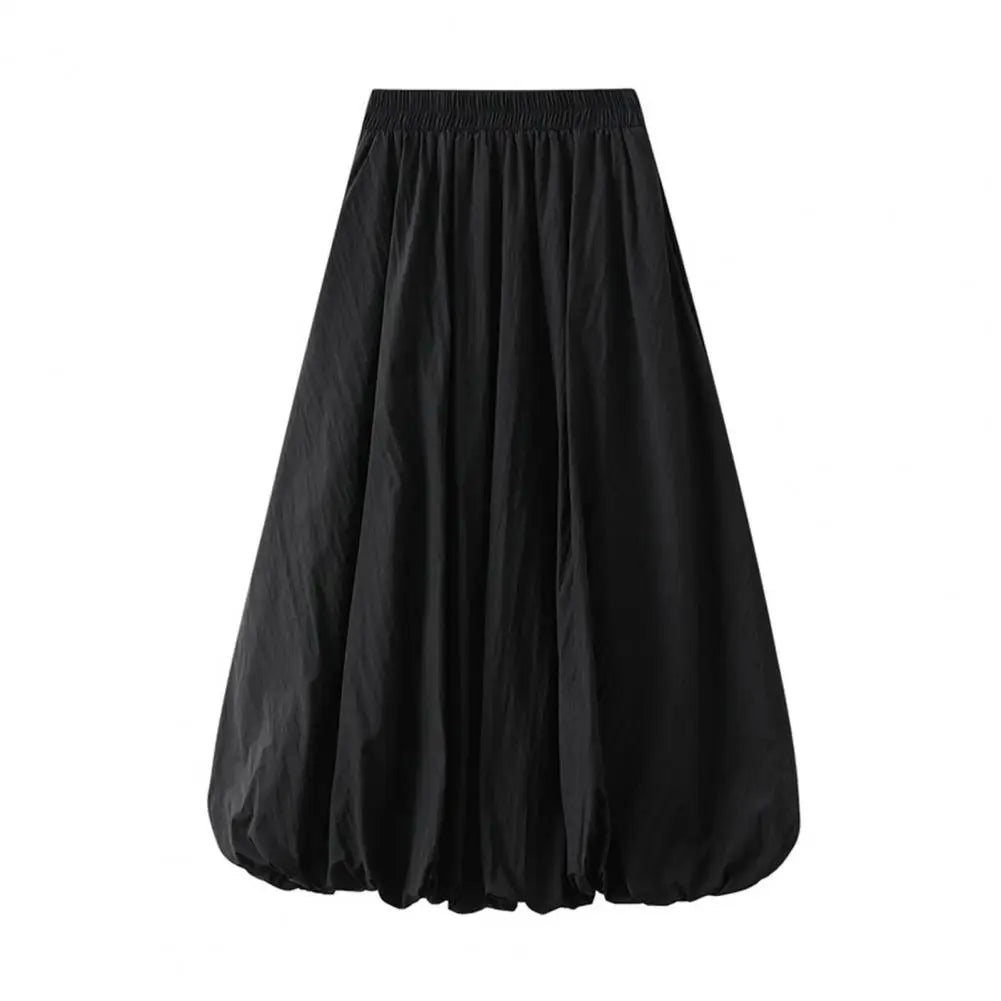 Elasticated Waist Skirt Elastic High Waist Bubble Maxi Skirt with Ankle-length Lantern Design Solid Color A-line for Spring