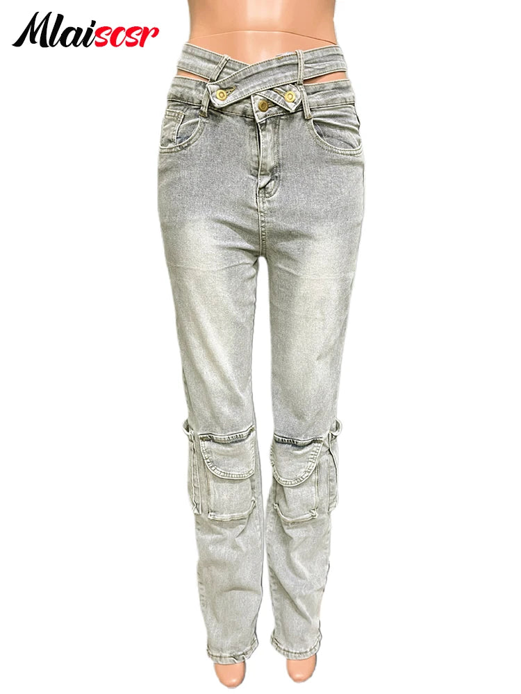 Mlaiscsr Vintage Stretch Denim Pants Women Buttons Pocket Patchwork High Waist Cargo Jeans Autumn Winter Bottoms Y2K Streetwear