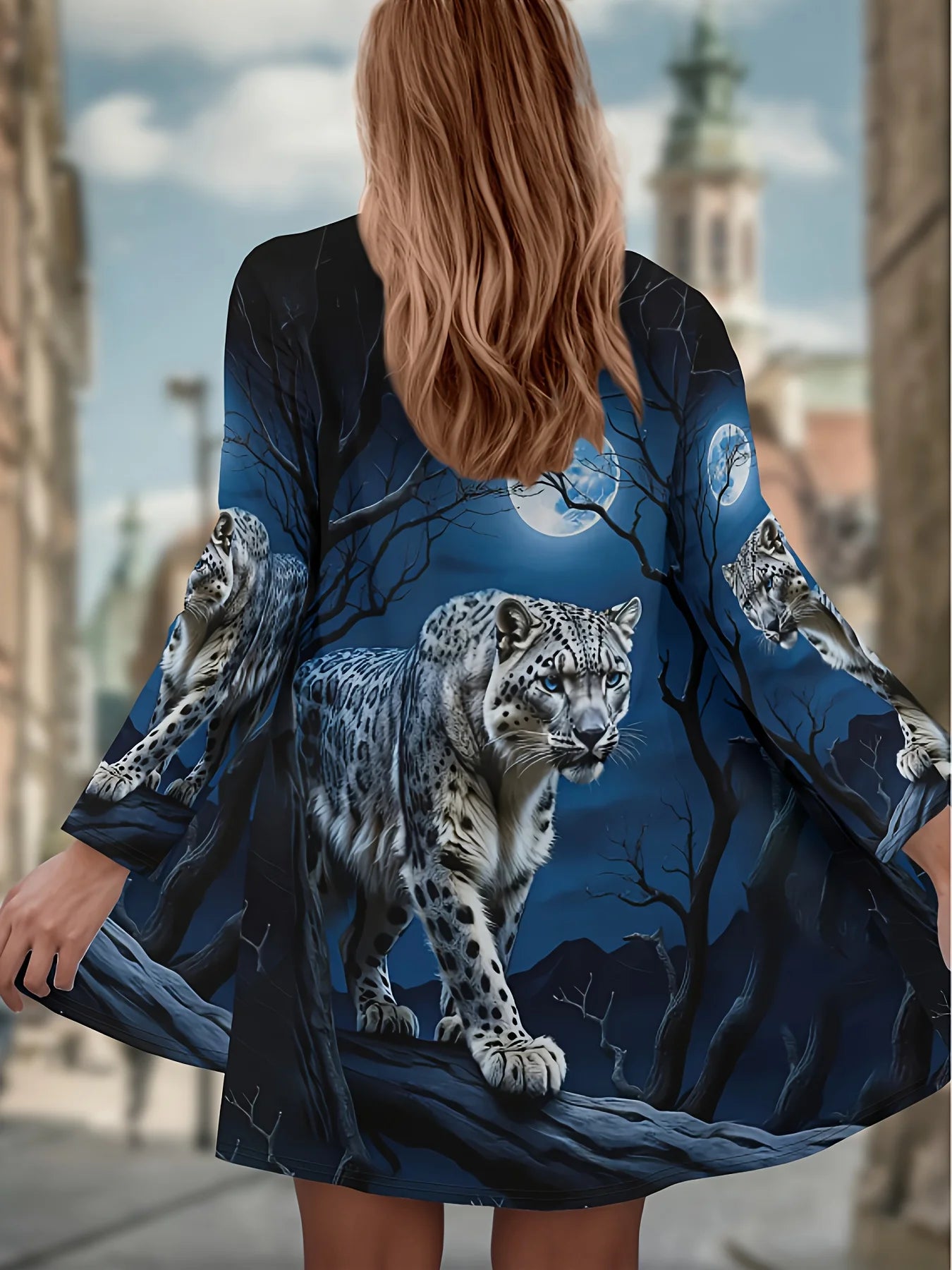 Women's Winter Jacket with 3D Tiger and Lion Animal Prints, Front-Opening Loose Fit Cape, Casual Polyester Women's Clothing