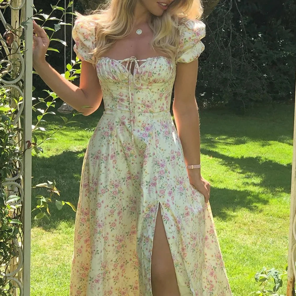 Skinny floral prints Dresses for Summer Women's Dress Square Neck Short Bubble Sleeves High Waist Lace-up Maxi Split Dress