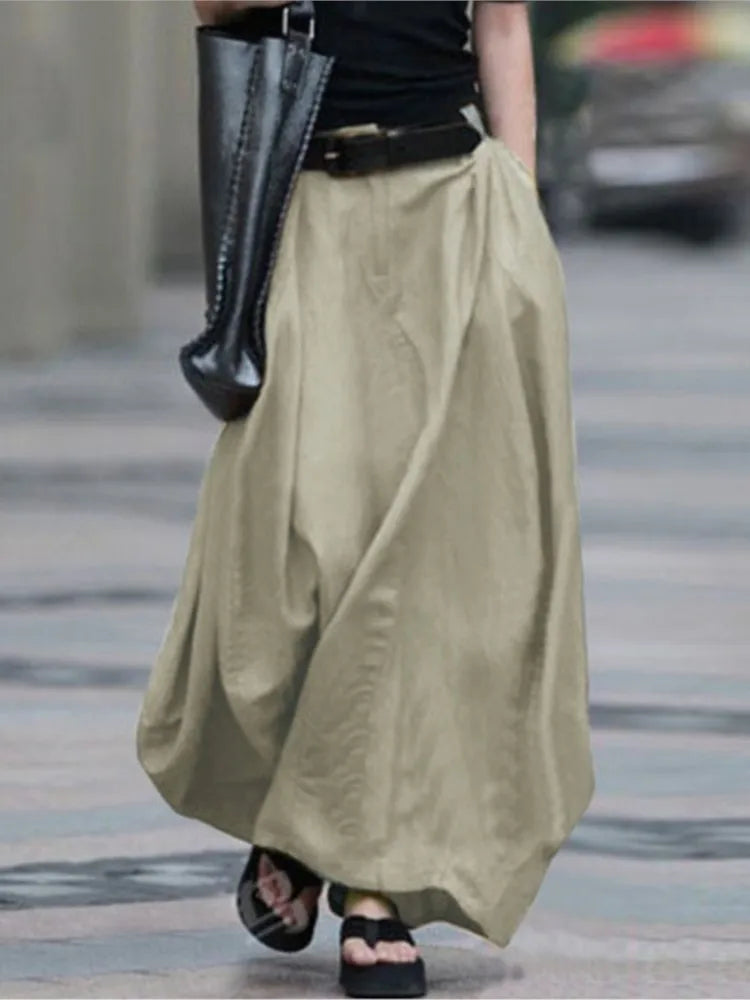 Autumn Women's Vintage Simple Skirt Summer Fashion Loose Solid Cotton Linen High Waist Casual Beach A-line Maxi Skirts Female