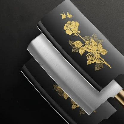 Deluxe Gold Titanium Plated Blade Fruit and Vegetable Chopper Deluxe Stainless Steel Kitchen Knife Professional Cooking Gear