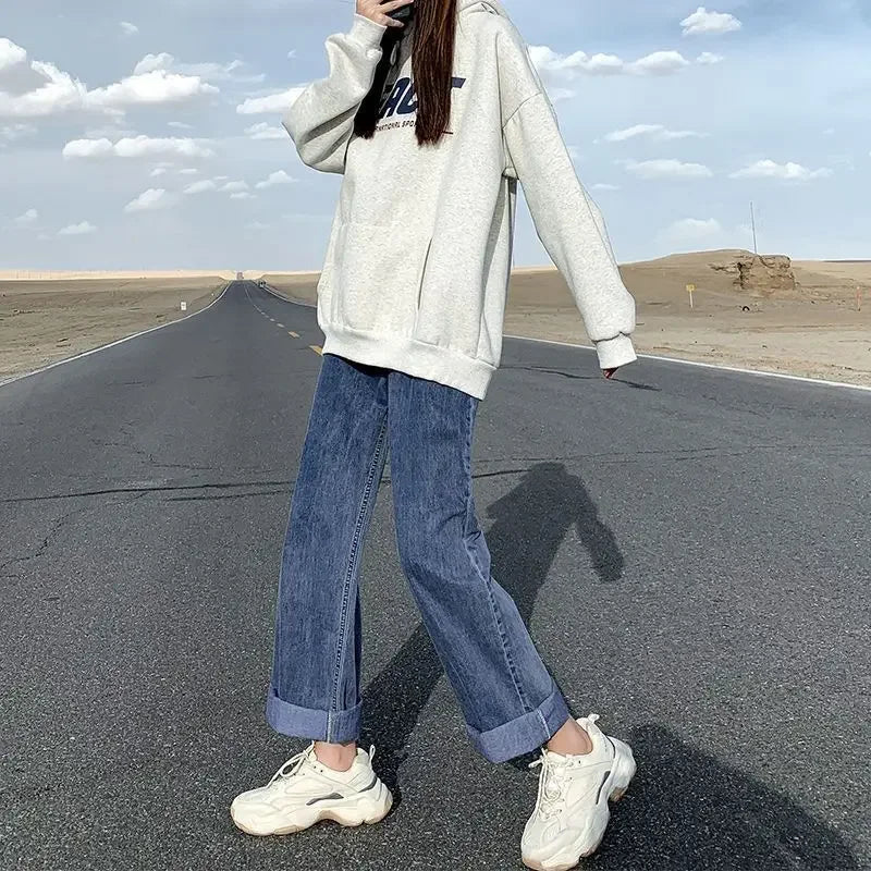 Loose Velvet Thick Jeans Women Warm Straight Causal Autumn Winter Students Preppy High Waist All-match Chic Ulzzang Streetwear