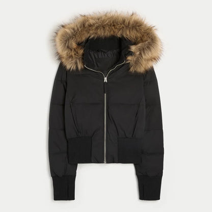 Fashion Faux Fur Hooded Quilted Coat For Women Casual Full Sleeve Zipper Pocket Cropped Jacket Lady 2025 Winter Street Outerwear