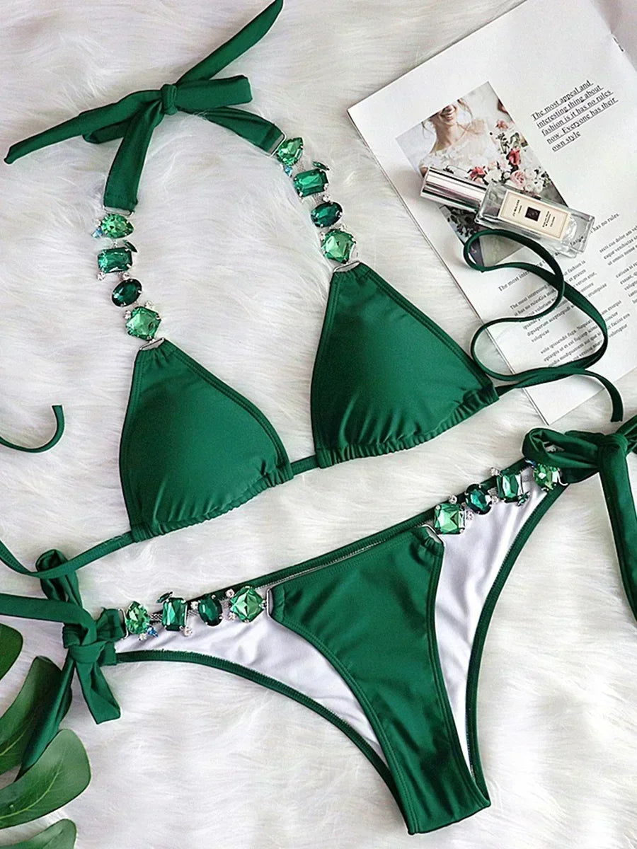 Halter Crystal Rhinestone Diamond Bikini 2025 Female Swimsuit Women Swimwear Two Pieces Bikini set Brazilian Bathing Suit Swim