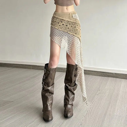 Bohemian Vintage Embroidery Knitted Skirts Summer Lace Patchwork Skirt for Women 2026 New Slim Fit Bodycon Faldas Mujer