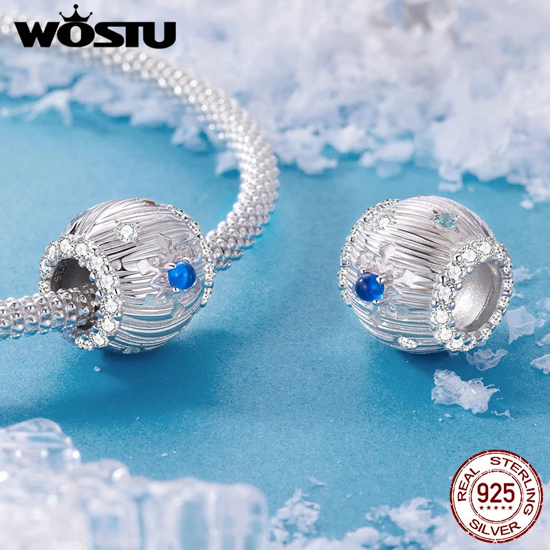 WOSTU 925 Sterling Silver Snowflake Charm Winter Snow Beads Purity Original Fit for Women Girls Necklace DIY Fine Jewelry Gift