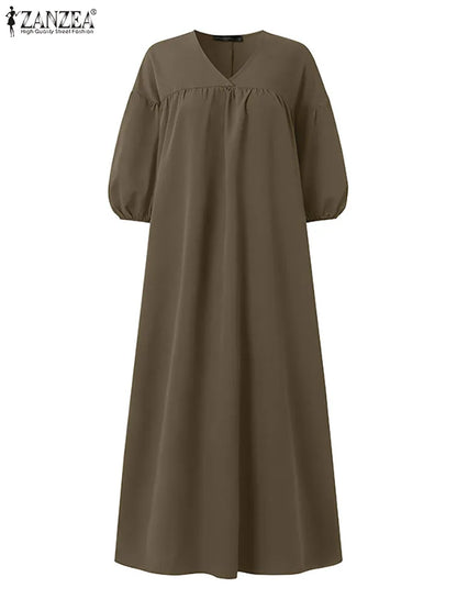 2025 ZANZEA Autumn Maxi Long Dress Women Solid Loose Sundress Pleated Vestidos Fashion Causal Puff Sleeve Holiday Robe Kaftan