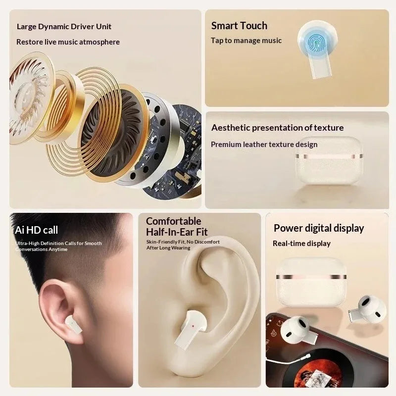 TWS In-ear Leather-crafted Earphones Wireless Earbuds Featuring Sleek Fit Long-lasting All-day Battery Integrated Mic for Users