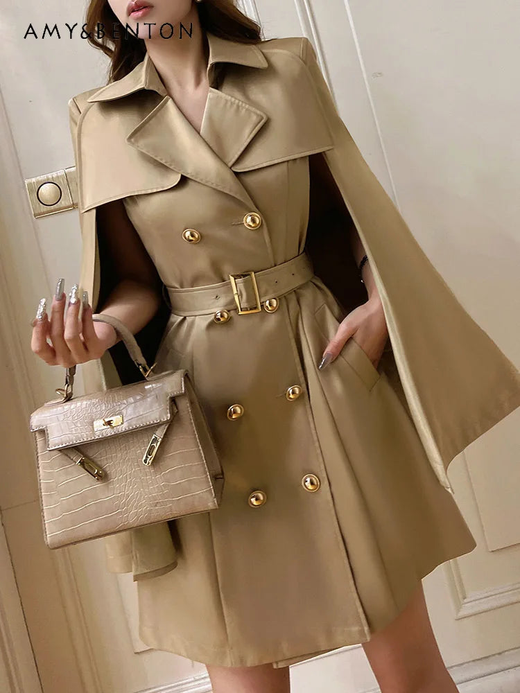 British Style Graceful Commute Cape Stitching Double-Breasted Trench Coat 2024 Early Spring New High-Grade Fashion A-line Coat