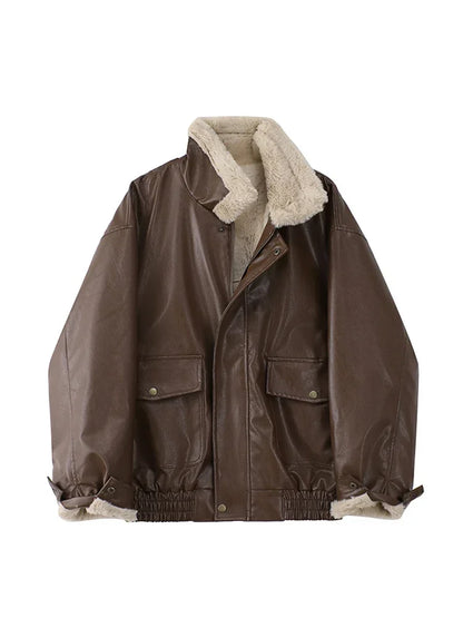 Retro Gothic Brown Plush Fur Leather Jacket Women Fashion Classic Vintage Autumn And Winter Zipper Casual Motorcycle Jacket