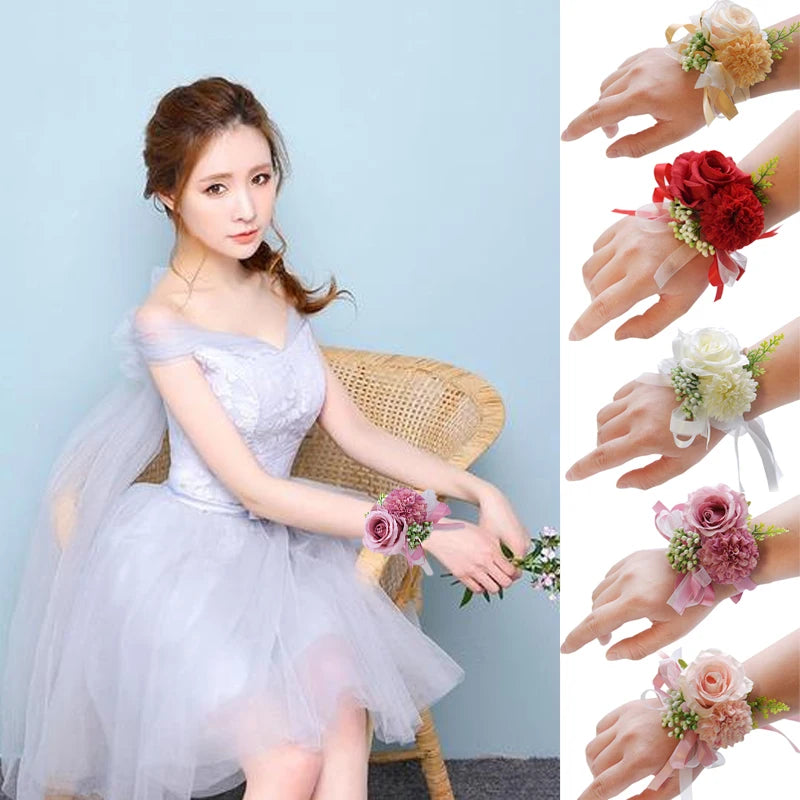Girls Bridesmaid Wrist Flowers Groom Boutonnier Suit Corsage Pins Artificial Silk Rose Fabric Hand Flowers Wedding Accessories