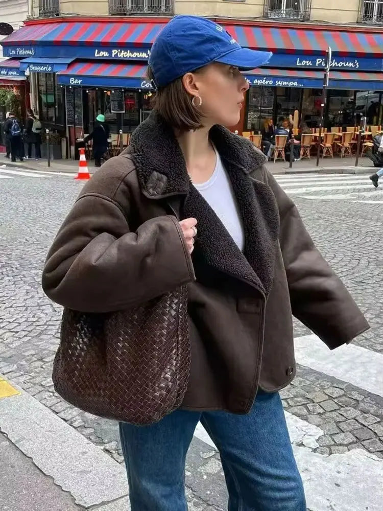HH Winter Vintage Leather Fur Thick Warm Jackets For Women Long Sleeves Single Breasted Lapel Pockets Street Fashion Coats