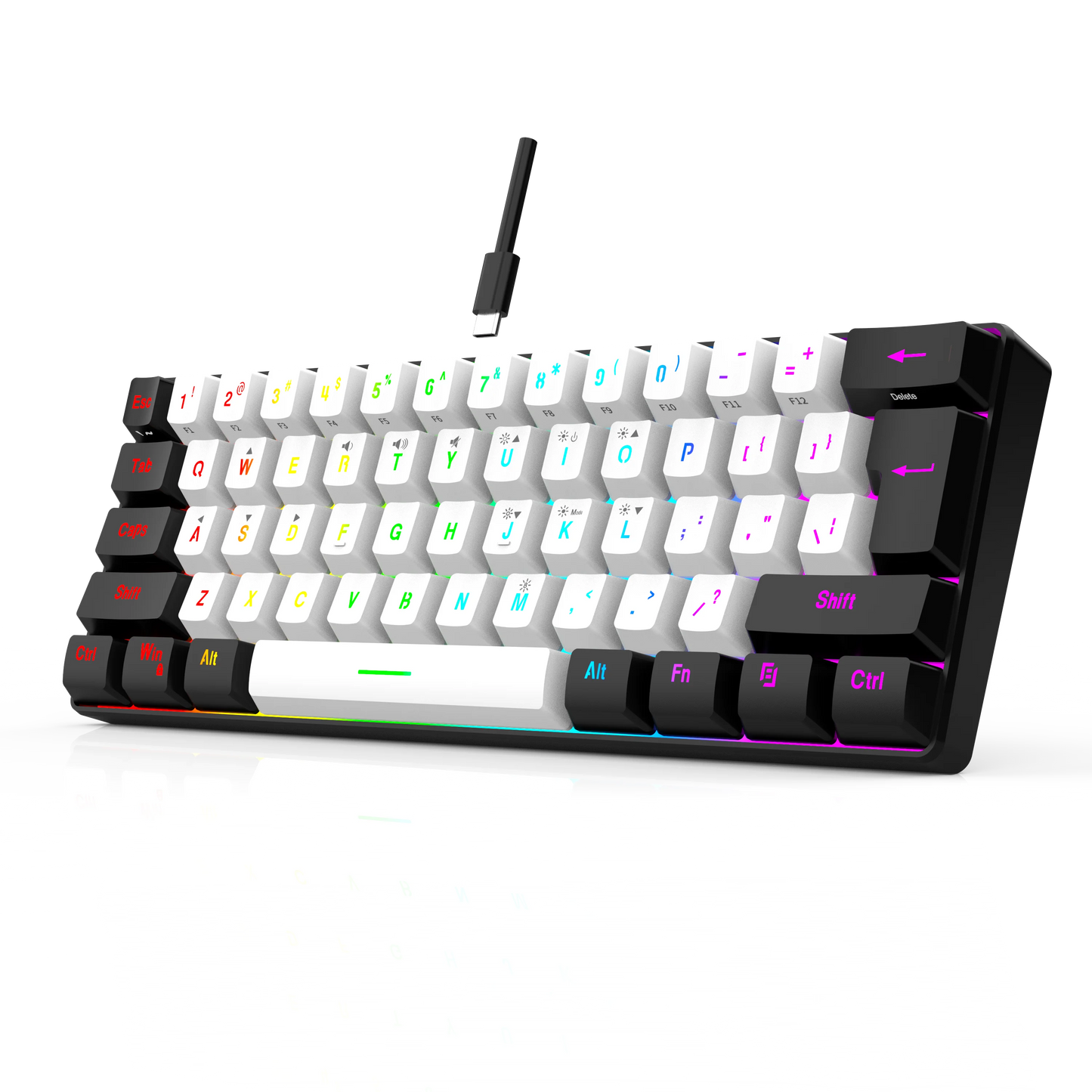 60% compact wired keyboard with 61 key membrane layout, RGB backlighting, ergonomic design, small and portable office computer