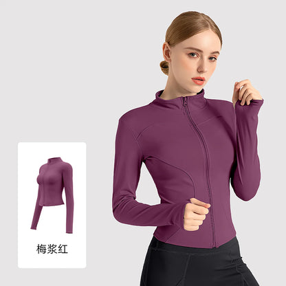 New Jacket Women Yoga Wear Ladies Coat Round High Elasticloose Exercise Yoga Fitness Long Sleevestand-up Collar Yoga Tops Thin