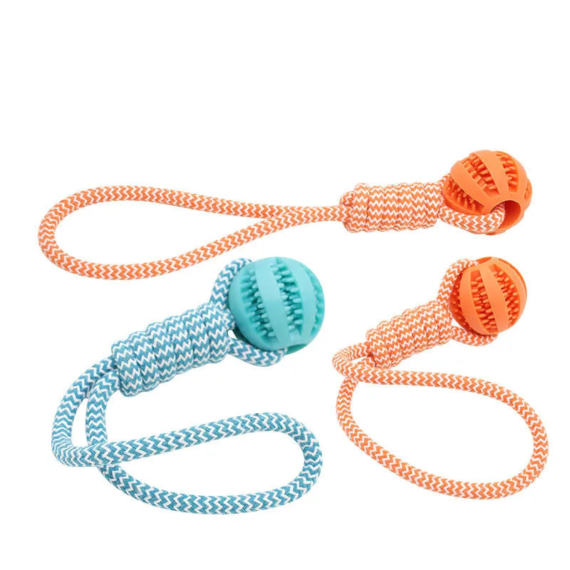 Pet Tooth Cleaning Chewing IQ Treat Ball Food Dispensing Bite Chew Knot Training Tugging Playing Rubber Rope Dog Ball Toys