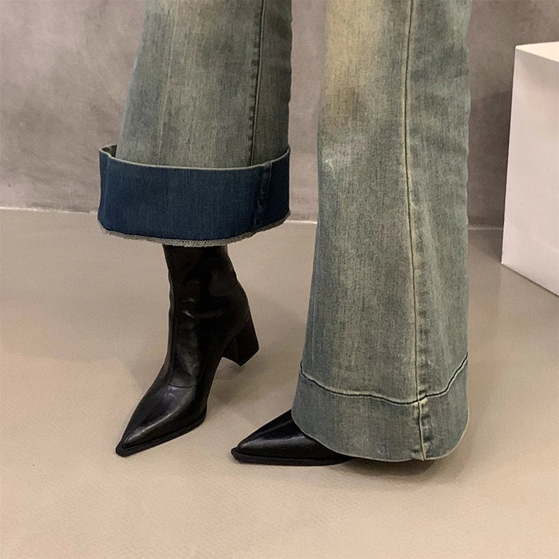 Women Boots Fashion French Style Ankle Boots Designer High Heeled Boots for Woman Exquisite Pointed Tip Casual Shoes Botas Mujer