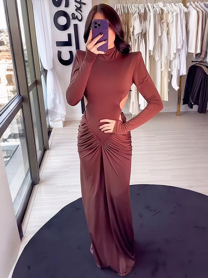 Weird Puss Backless Maxi Dress Women Long Sleeve Shoulder Pads Waistless Peach Buttocks Ruched Elegant Banquet Skinny Vestidos