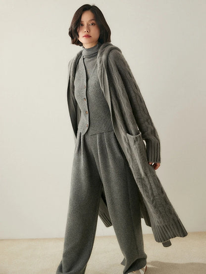 Luxury Women's Autumn Winter 100% Cashmere Sweater Knit Cardigan Thicked Hooded Casual Style Raglan Sleeves Knitted Lace Up Coat