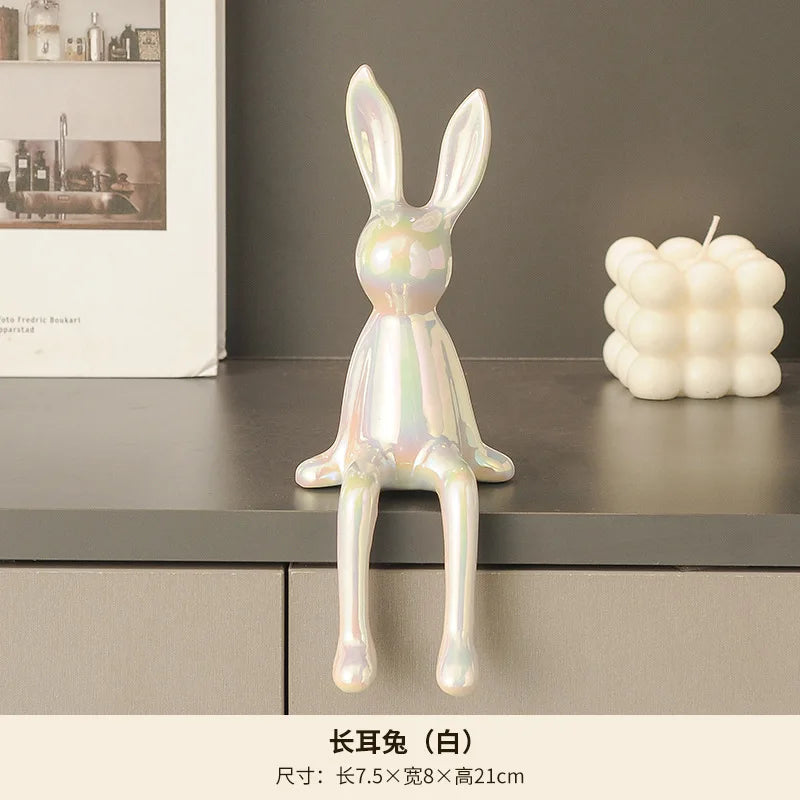 1PCS Ceramic Long-Eared Sitting Rabbit Room Ornaments Statue Luxury Home Decoration Accessories High-End Home Art Aesthetics