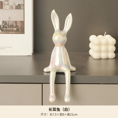 1PCS Ceramic Long-Eared Sitting Rabbit Room Ornaments Statue Luxury Home Decoration Accessories High-End Home Art Aesthetics