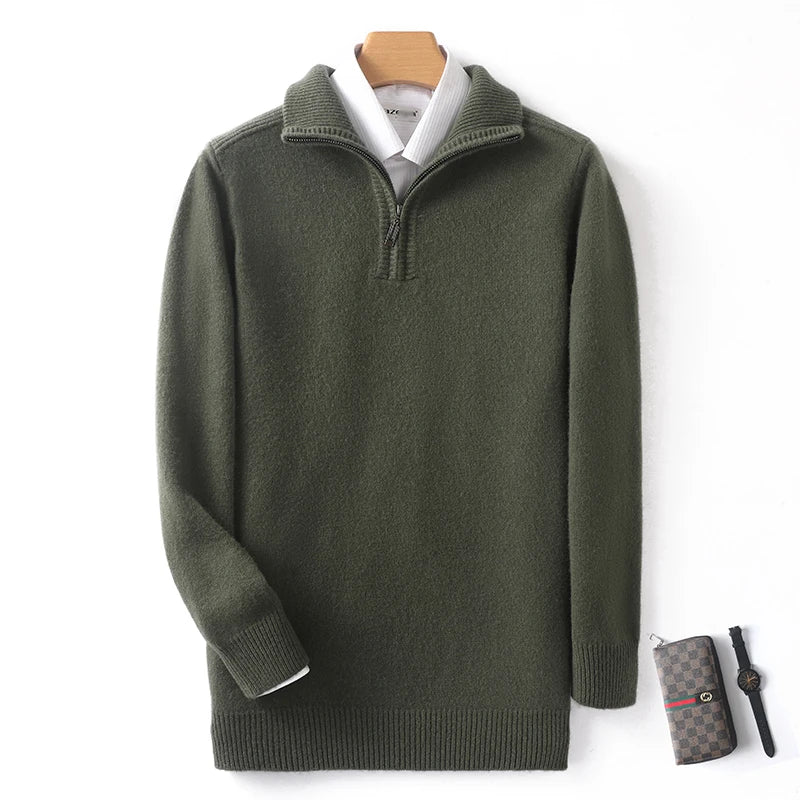 Autumn and Winter New Men's 100% Merino Wool Sweater Casual Knitted Business Half Zip Pullover Thickened Warm Long Sleeve Sweate