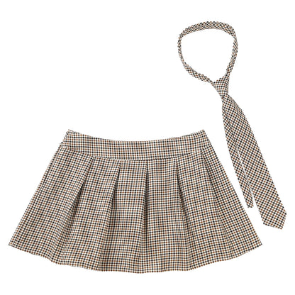 Women Japanese Schoolgirls Role Play Uniforms Zipper Plaid Pleated Mini Skirt Necktie Set Sexy Schoolgirls Skirt Cosplay Costume